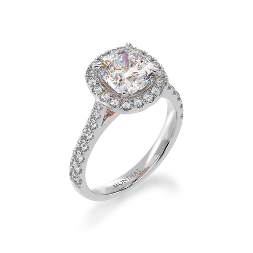 Cushion cut diamond Halo engagement ring with diamond set band view from angle