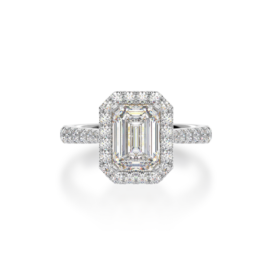 Emerald cut diamond halo engagement ring with diamond set band  view from top
