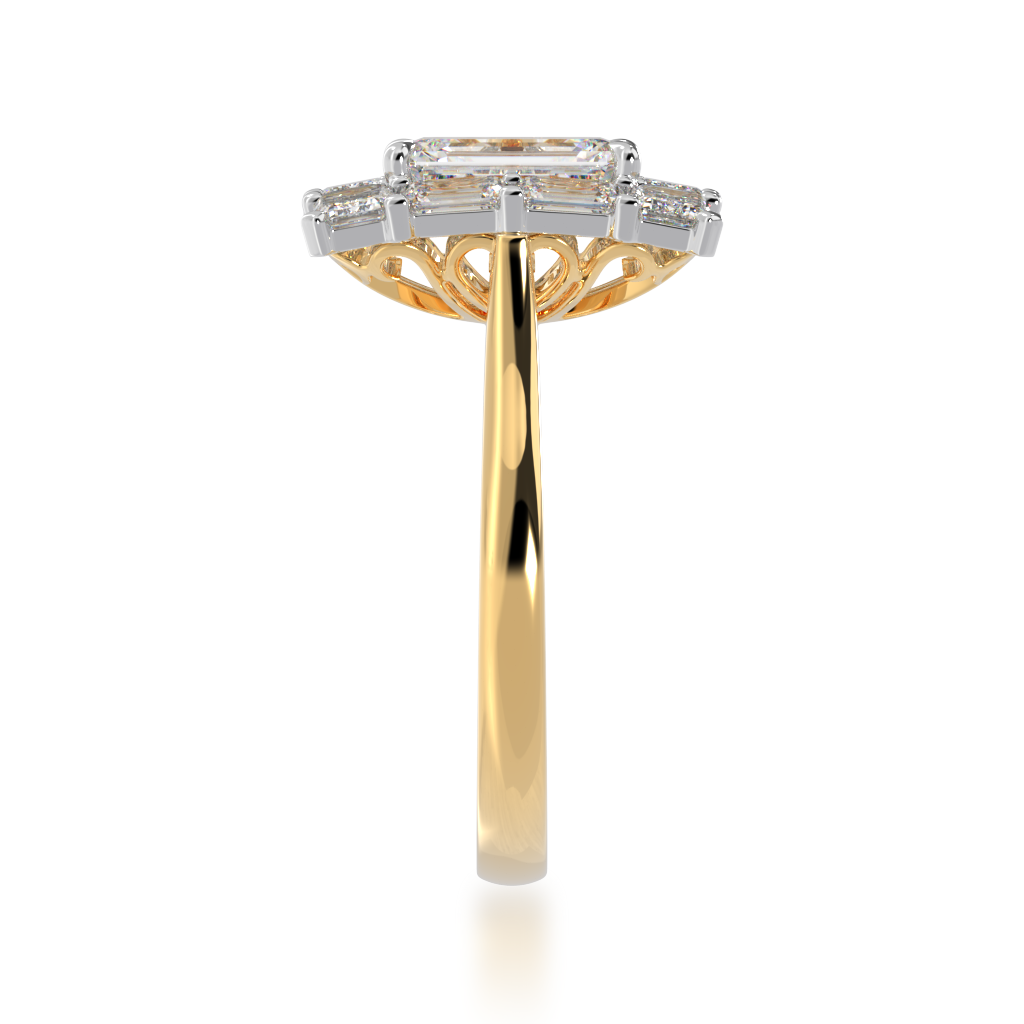 Emerald cut diamond cluster ring on yellow gold band view from side 