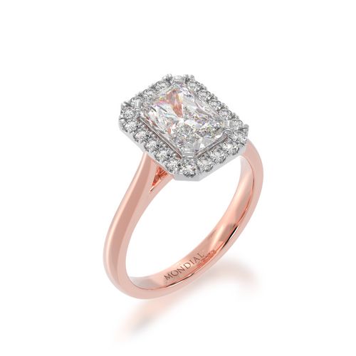 Radiant cut diamond halo engagement ring on rose band view from angle