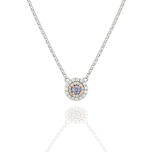 A halo design pendant featuring one round brilliant cut Argyle blue diamond surrounded by 28 round brilliant cut diamonds, all in white and rose gold colors.