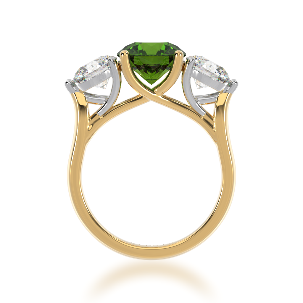 Trilogy round brilliant cut green sapphire and diamond ring on yellow gold band view from front