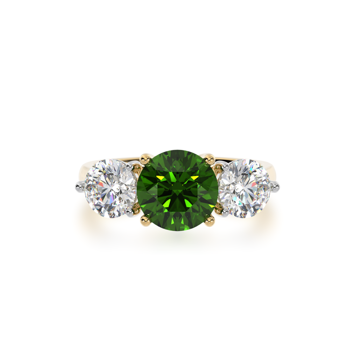 Trilogy round brilliant cut green sapphire and diamond ring on yellow gold band view from top 