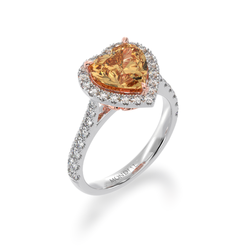 Heart shape champagne diamond halo ring with diamond set band view from angle