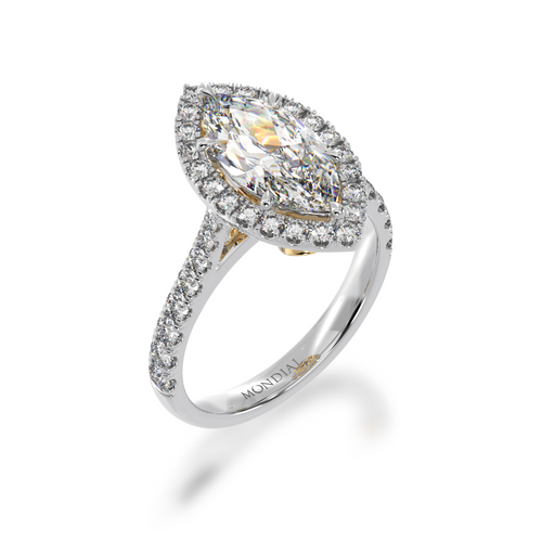 Marquise cut diamond halo engagement ring with diamond set band view from angle