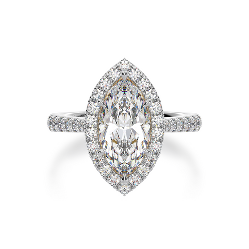 Marquise cut diamond halo engagement ring with diamond set band view from top