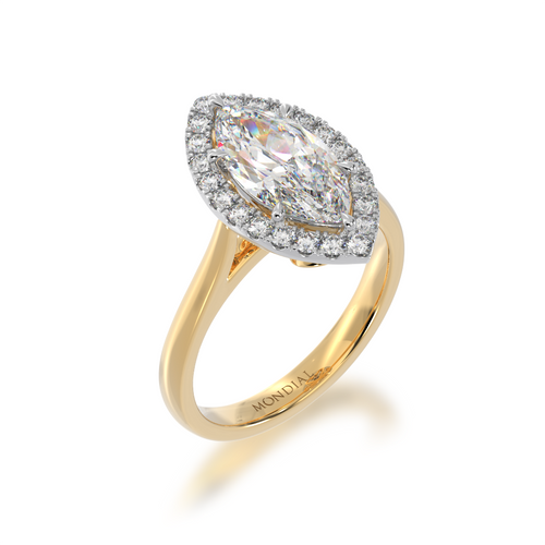 Marquise cut diamond halo engagement ring on yellow band view from angle