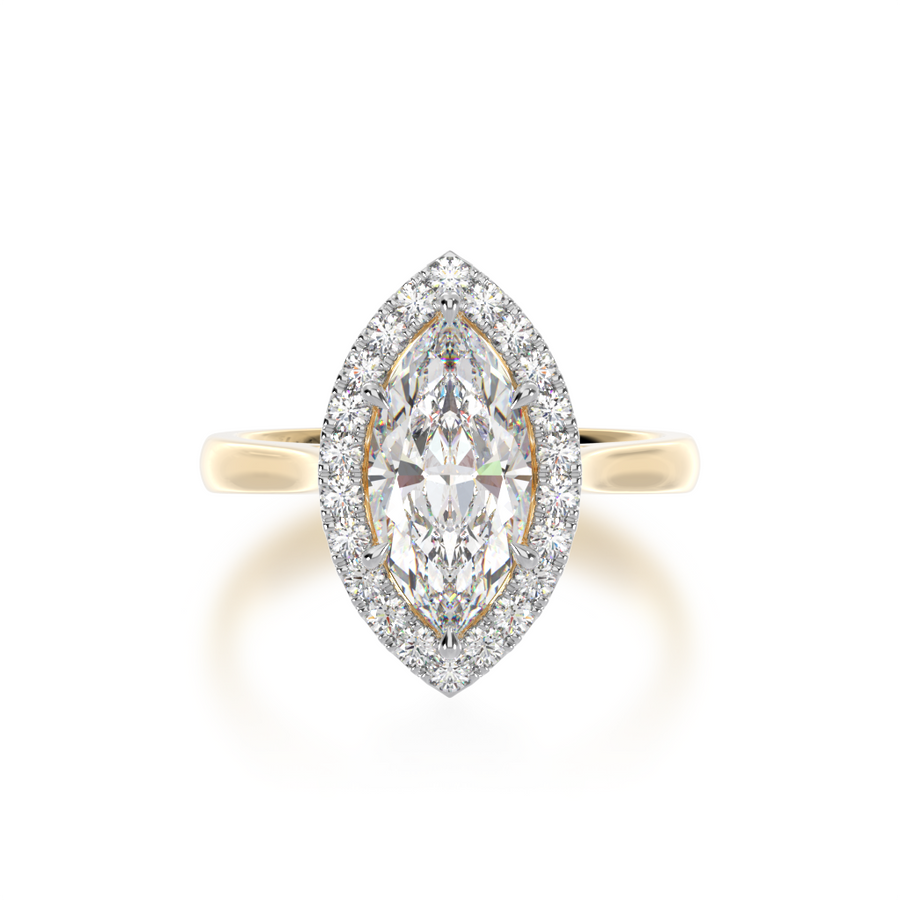 Marquise cut diamond halo engagement ring on yellow band view from top