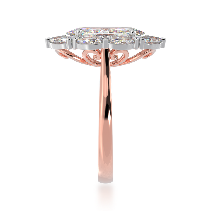 Marquise cut diamond cluster ring on rose gold band view from side 
