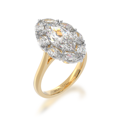 Cluster design set with marquise cut white diamonds on a yellow gold band from angle