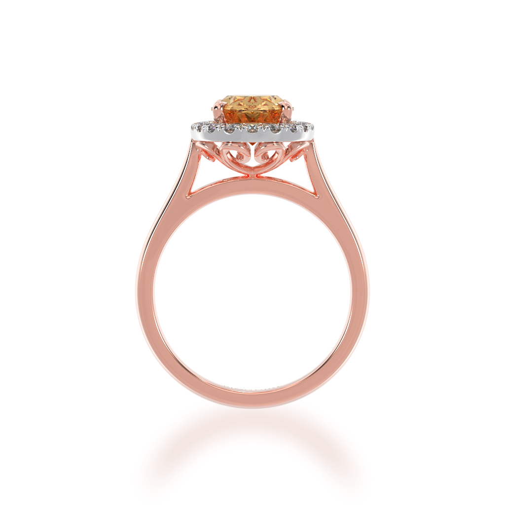 Oval cut champagne diamond halo engagement ring on rose gold band view from front