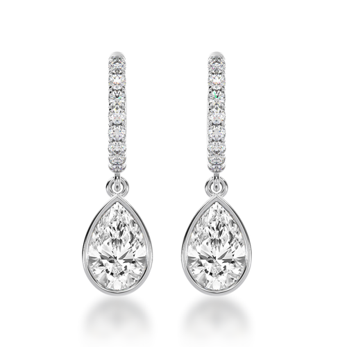 Pear shape bezel set diamond drop earrings on a diamond set huggie view from front