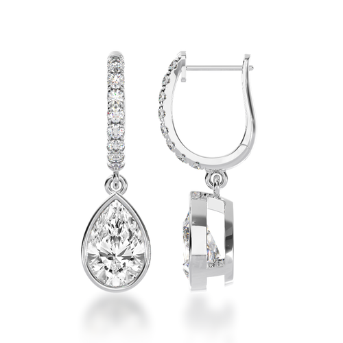 Pear shape bezel set diamond drop earrings on a diamond set huggie view from side