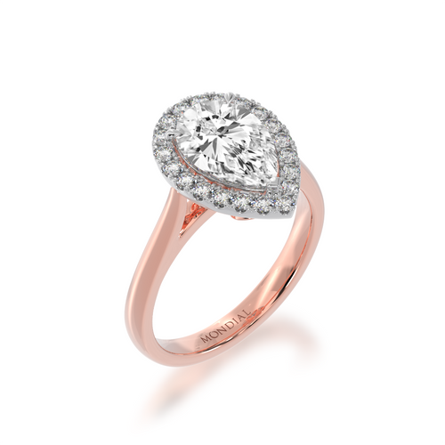 Pear shape diamond halo engagement ring on rose band view from angle