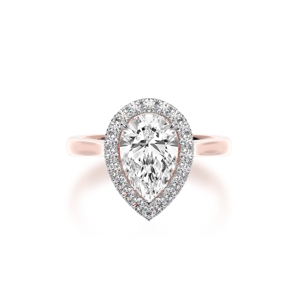 Pear shape diamond halo engagement ring on rose band view from top