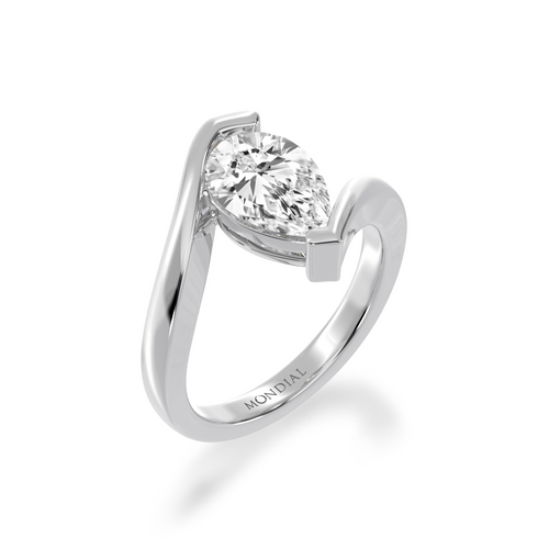Pear shaped diamond solitaire set in white gold bordeaux design ring view from angle