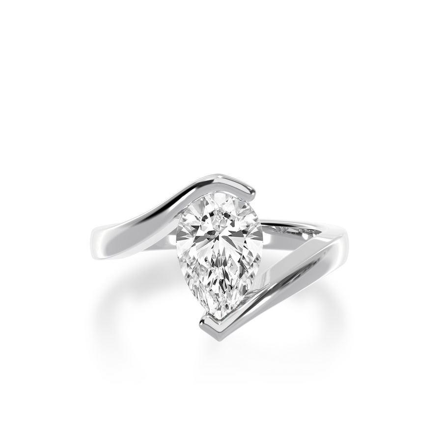 Pear shaped diamond solitaire set in white gold bordeaux design ring view from top