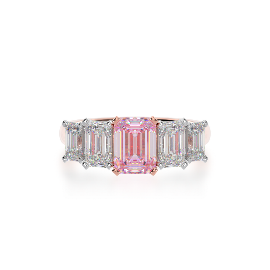 Five stone emerald cut pink sapphire and diamond ring from top