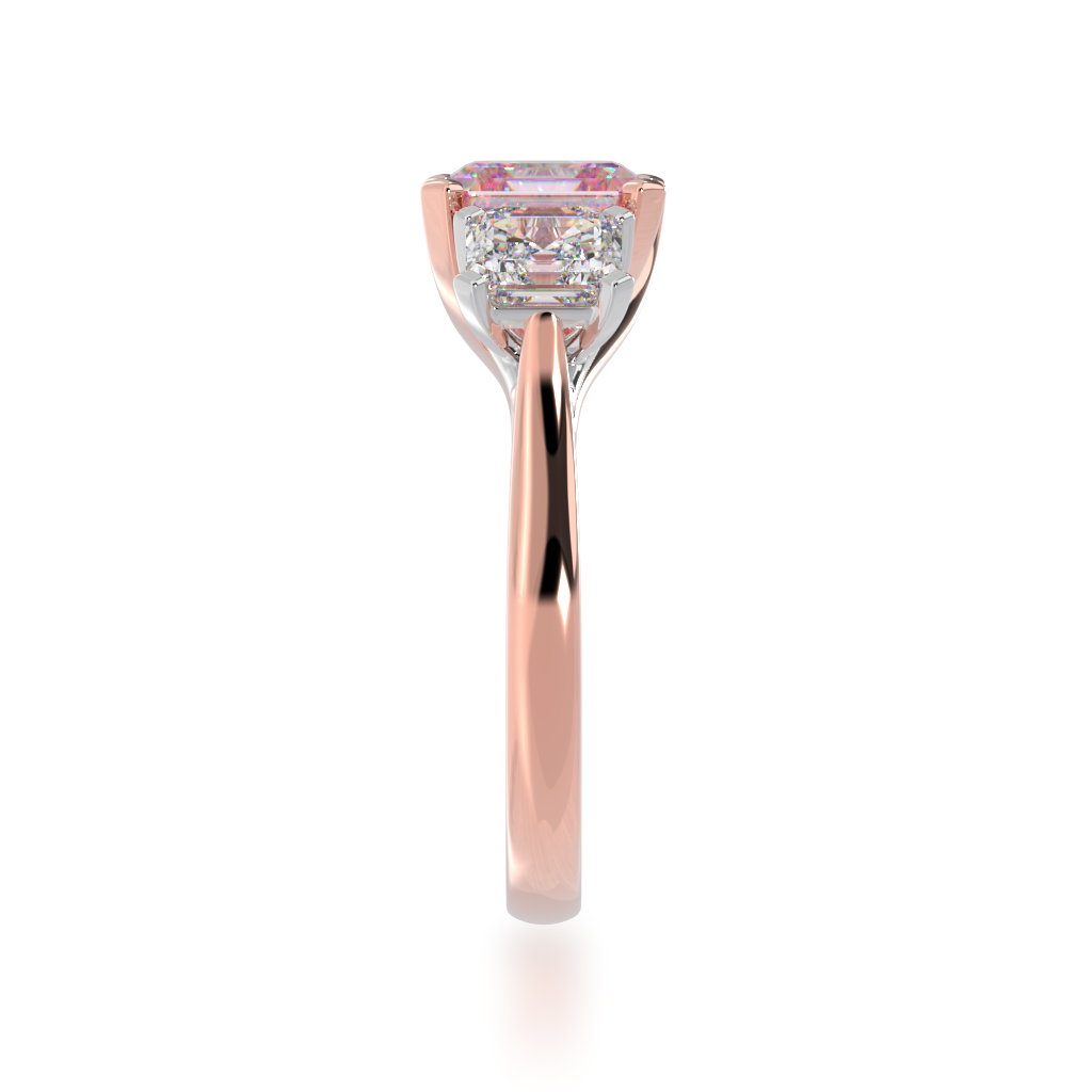 Trilogy asscher cut pink sapphire and diamond ring on rose gold band view from side 