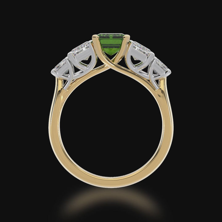 Five stone emerald cut green sapphire and diamond ring on a yellow band 3d video