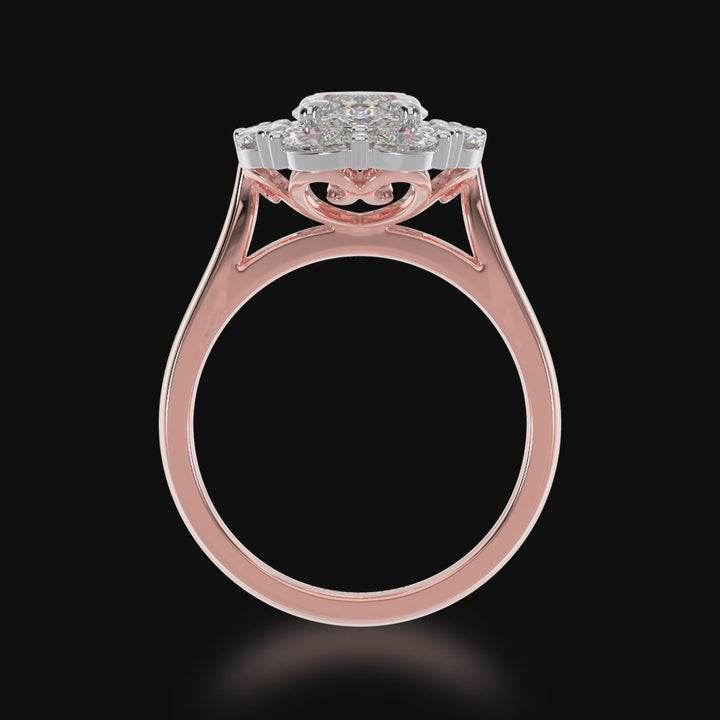 Marquise cut diamond cluster ring on rose gold band 3d video