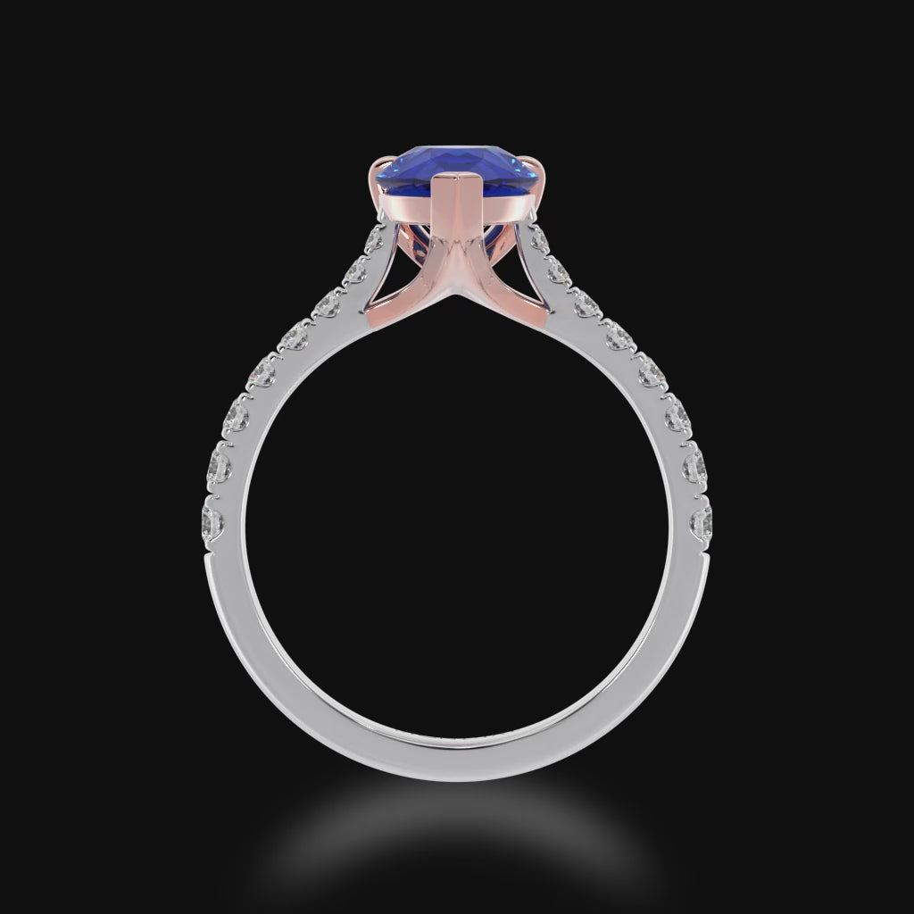 Pear shaped blue sapphire solitaire ring with diamond set band 3d view