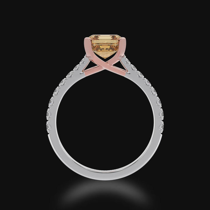 Asscher cut champagne diamond solitaire ring with diamond set band