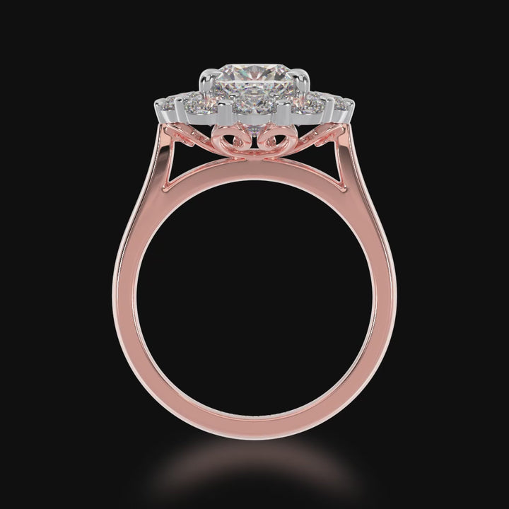 Cushion cut diamond cluster ring on a rose gold band 3d video