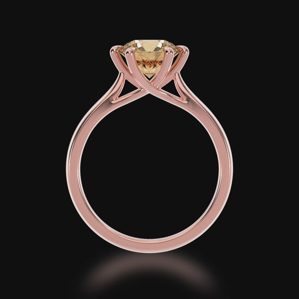 Brilliant cut champagne diamond solitaire on a rose gold band 3d video