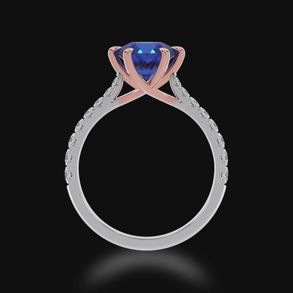 Round brilliant cut blue sapphire solitaire ring with diamond set band 3d view