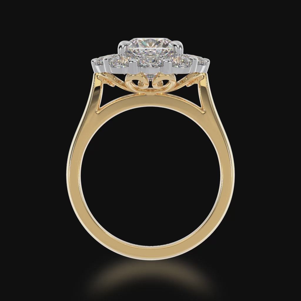 Cushion cut diamond cluster design on yellow gold band 3d video
