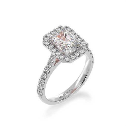 Radiant cut diamond halo engagement ring with diamond set band view from angle