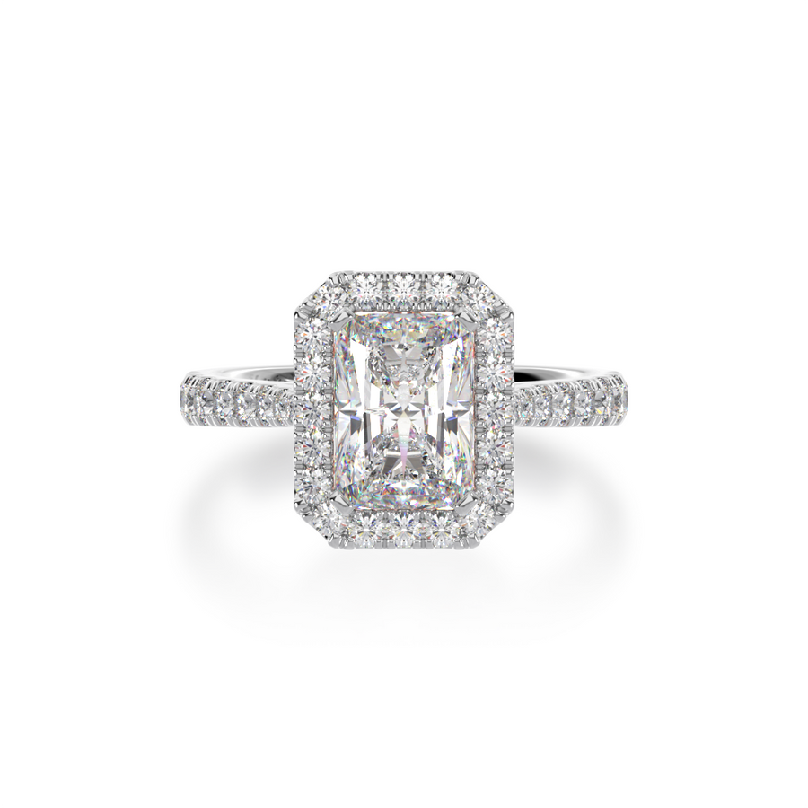 Radiant cut diamond halo engagement ring with diamond set band view from top