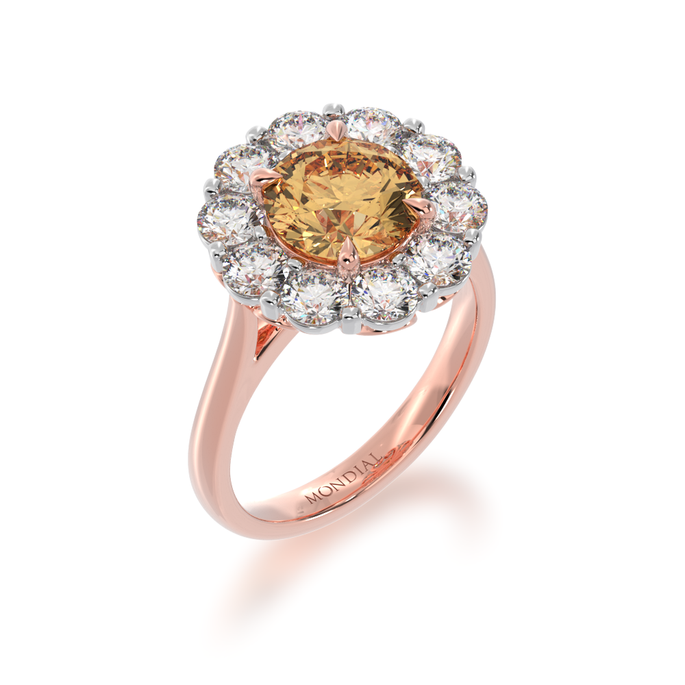 Round brilliant cut champagne diamond cluster ring on rose gold band view from angle 