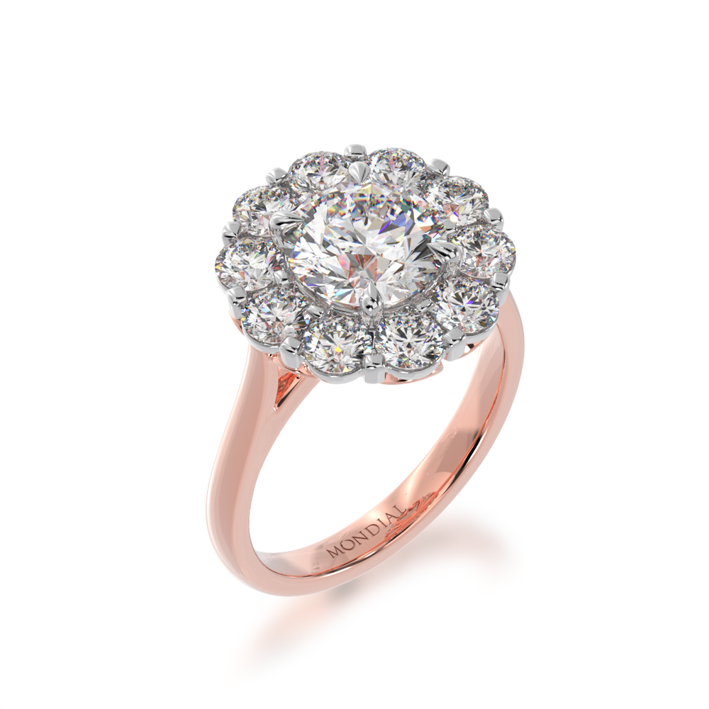 Round brilliant cut diamond cluster ring on a rose gold band view from angle 