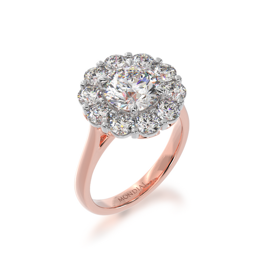 Round brilliant cut diamond cluster ring on a rose gold band view from angle