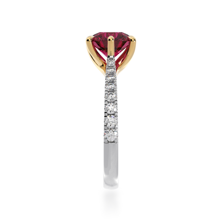 Round ruby ring with diamond set band from side