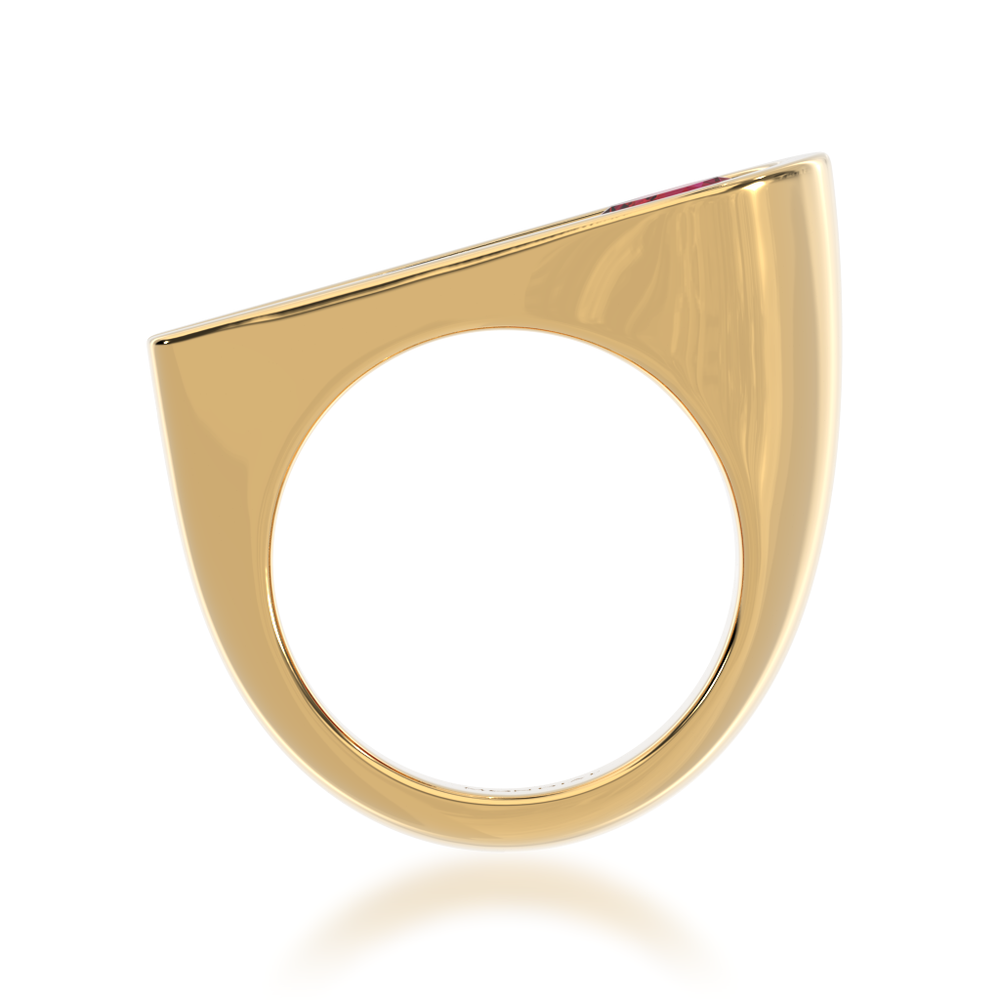 Retro design round brilliant cut ruby ring in yellow gold view from front