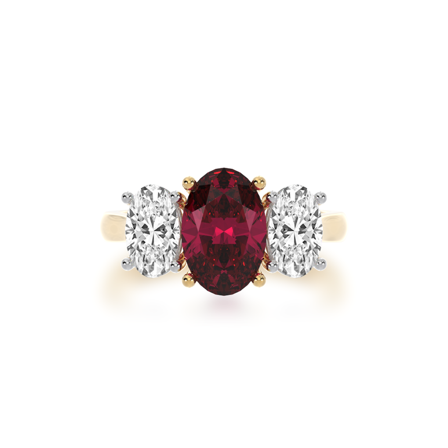 Trilogy oval ruby and diamond ring on yellow band from top