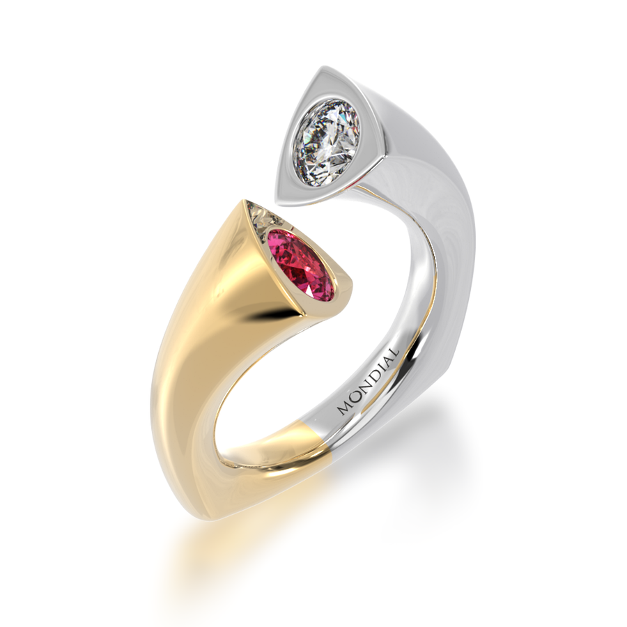 Devotion design round brilliant cut ruby and diamond ring in yellow and white gold view from angle