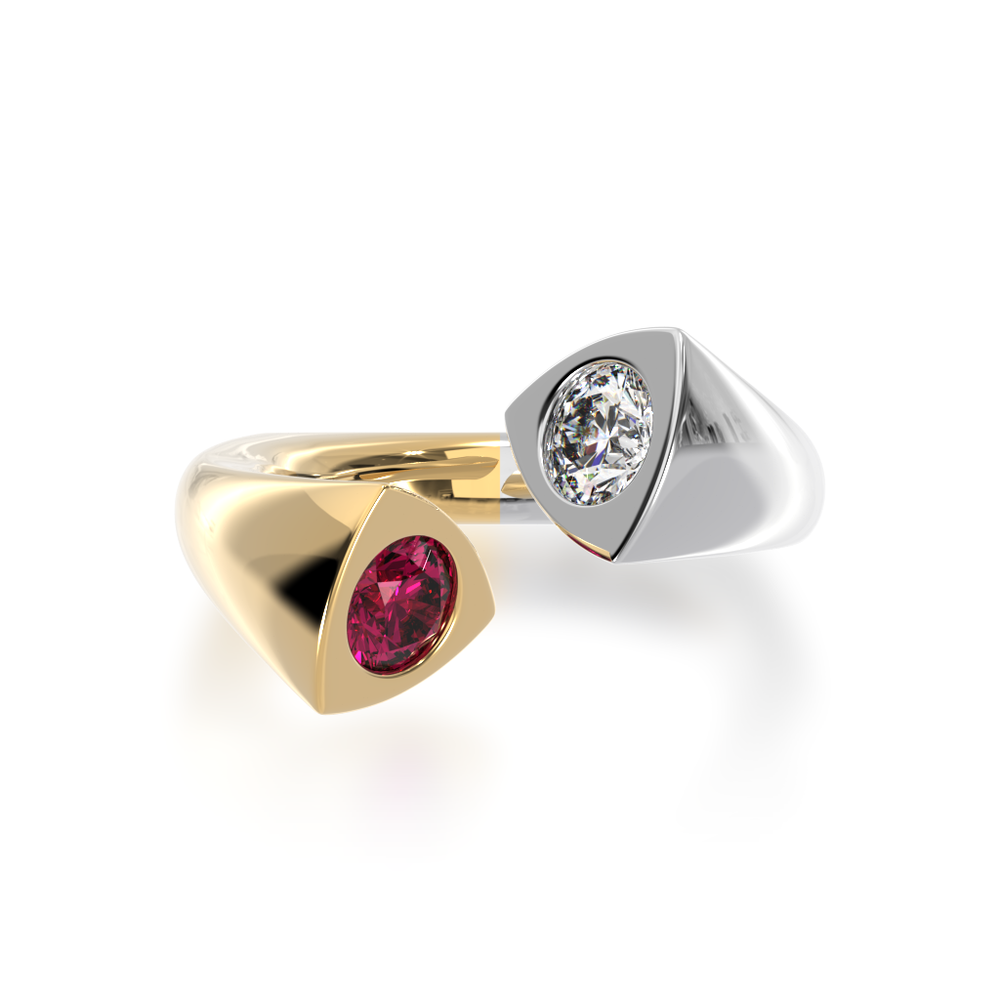 Devotion design round brilliant cut ruby and diamond ring in yellow and white gold view from top