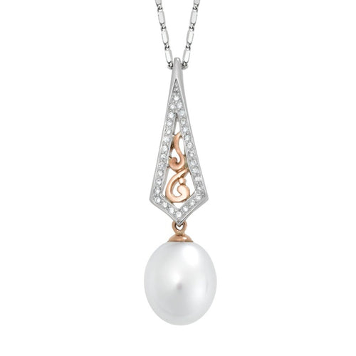 Willow design pearl and diamond pendant view from front