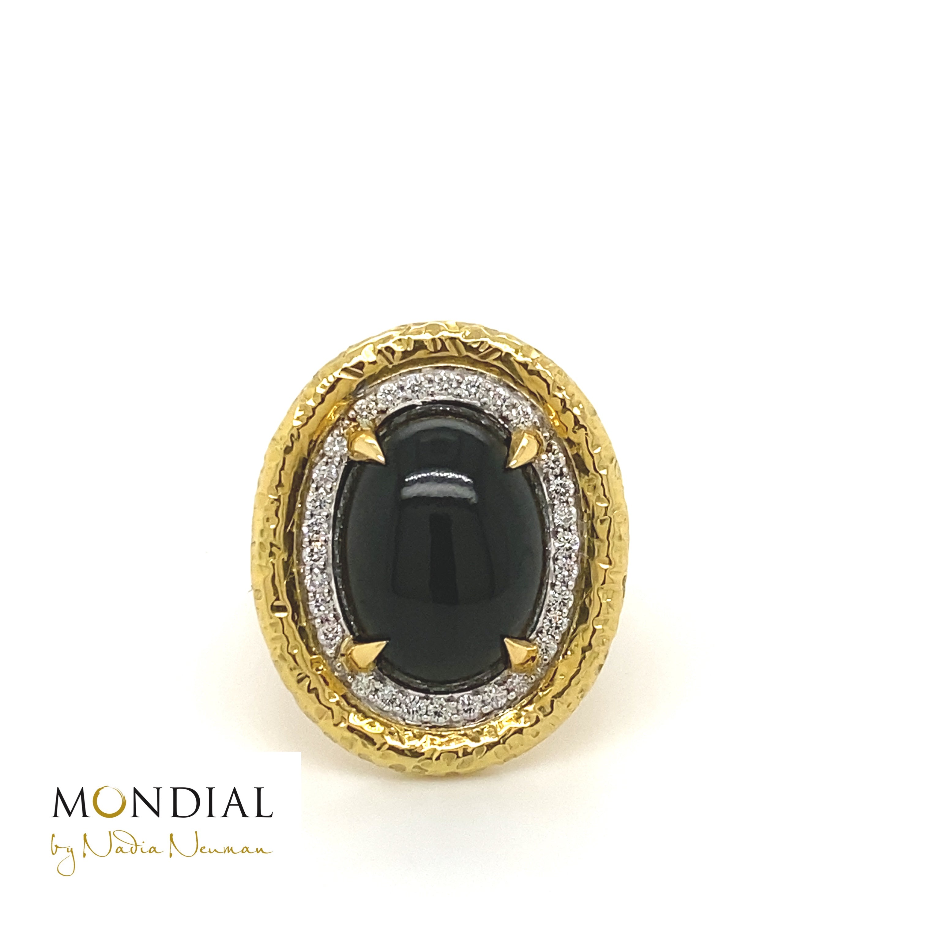 Oval cut cabochon black Jade diamond halo ring on yellow gold band