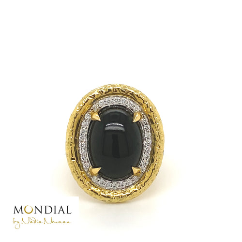 Front view of the Mondial by Nadia oval diamond ring with cabochon black Jade diamond halo ring on yellow gold band.