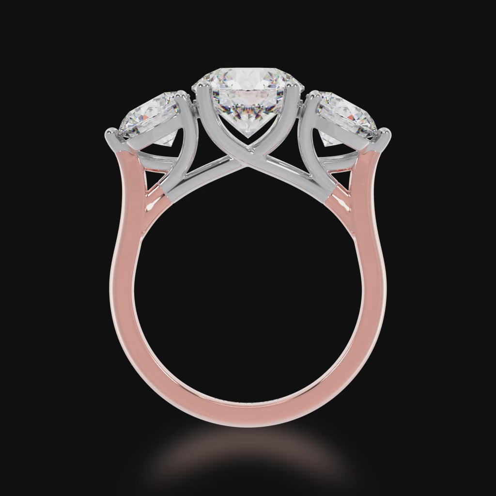 3D view of Trilogy 3 Stone Engagement Ring in Rose Gold