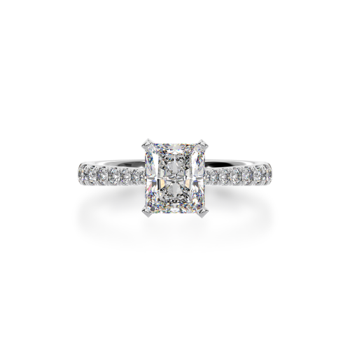 Radiant cut diamond solitaire ring with diamond set band view from top