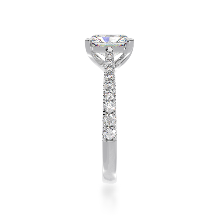 Radiant cut diamond solitaire ring with diamond set band view from side 