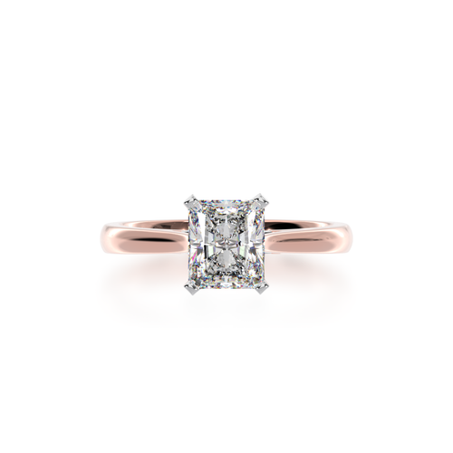 Radiant cut diamond solitaire ring on rose gold band view from top
