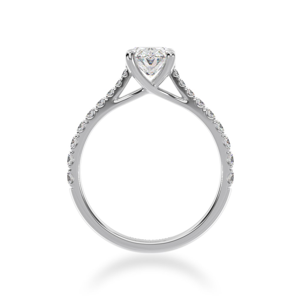 Oval cut diamond solitaire with a white gold diamond set band from front view