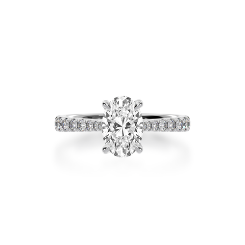 The Mondial by Nadia solitaire Oval diamond ring with a white gold diamond set band from above.